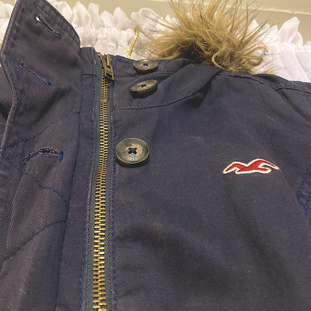 Large Navy Blue Hollister Zip Up/Button Jacket with Plaid Inside